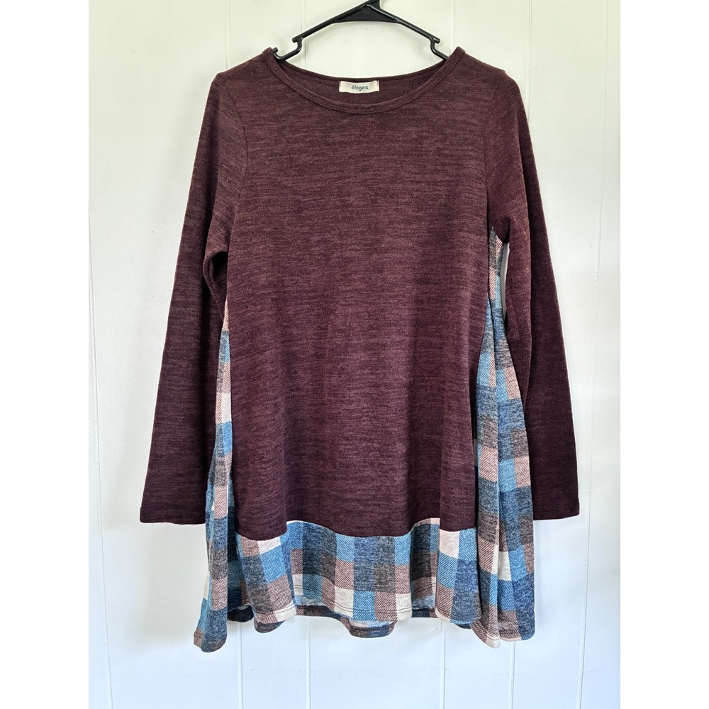 Eloges Women Plum Marled Knit Plaid Mixed Media Swing Tunic Top Small EKD1020